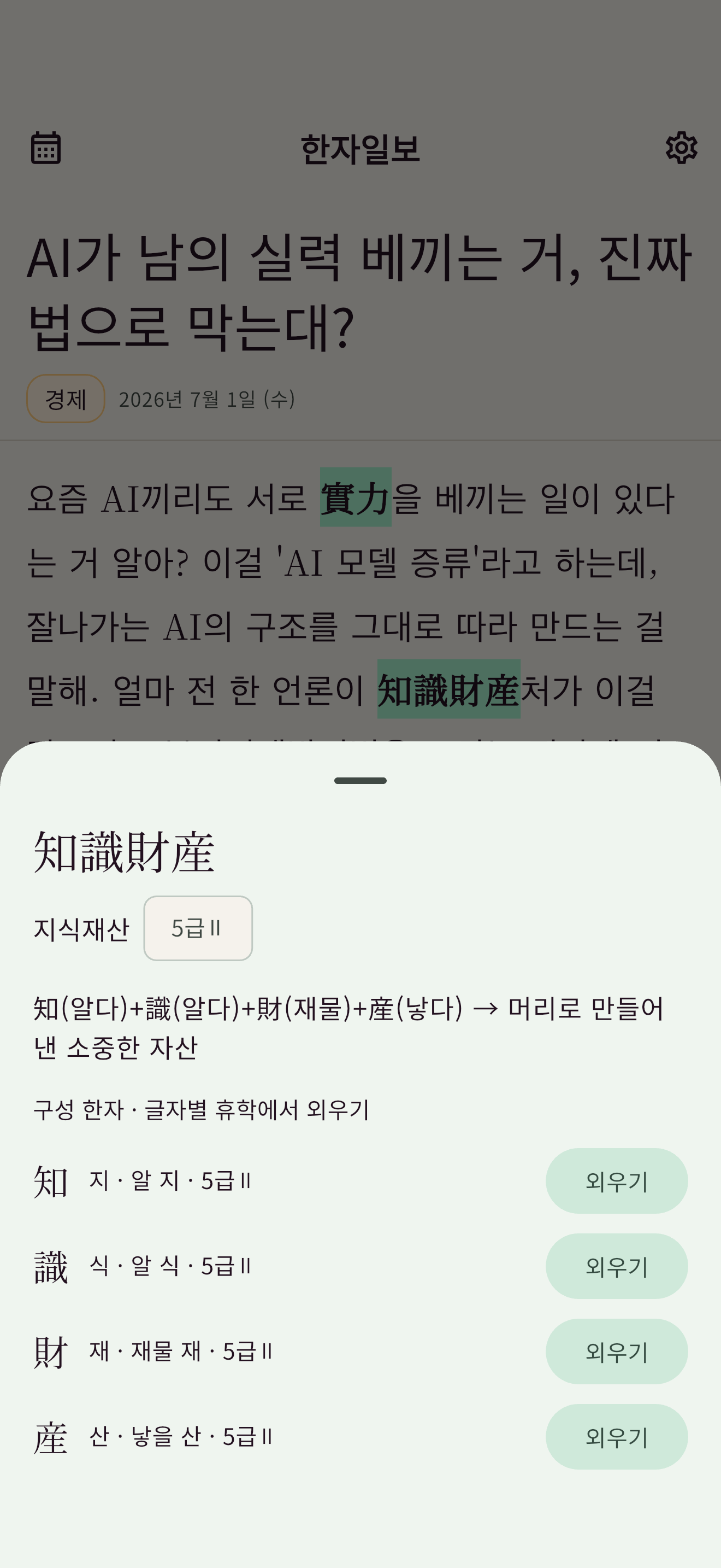 한자어 정보 시트 화면